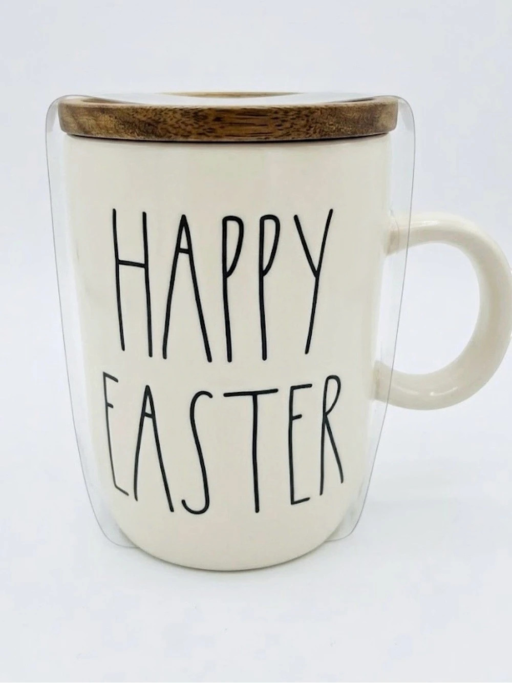 Rae Dunn "HAPPY EASTER" Ivory Mug With Wood Topper 16 oz Brand New/Sealed